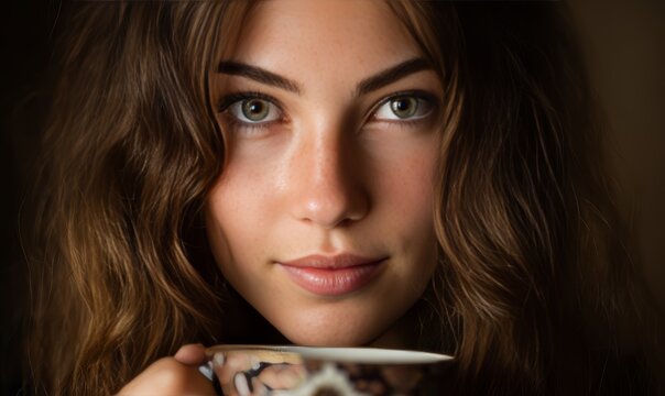 A woman with brown hair is holding a cup