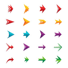 A vibrant collection of twenty different colorful and dynamic arrow icons, symbolizing direction, movement, and progress in digital interfaces.
