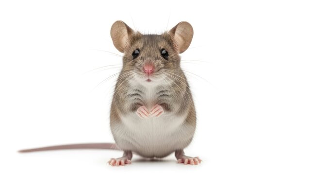 Small brown mouse standing upright with folded paws, looking cute