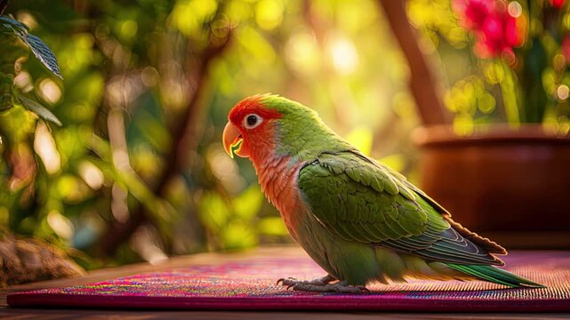 Colorful peach faced lovebird perched on woven mat in sunlit tropical garden with green bokeh foliage and pink flowers in background, peaceful exotic pet companionship concept