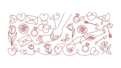 Endearing Touch: A delicate line art illustration, depicting intertwined hands holding the moment of love, accompanied by hearts, envelopes, rings, and flowers, symbolizing affection, devotion.