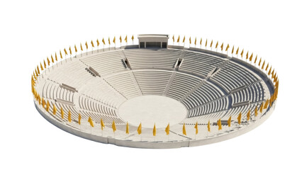 Isolated, 3D rendering of Ancient Roman theater with many seating tiers and flags