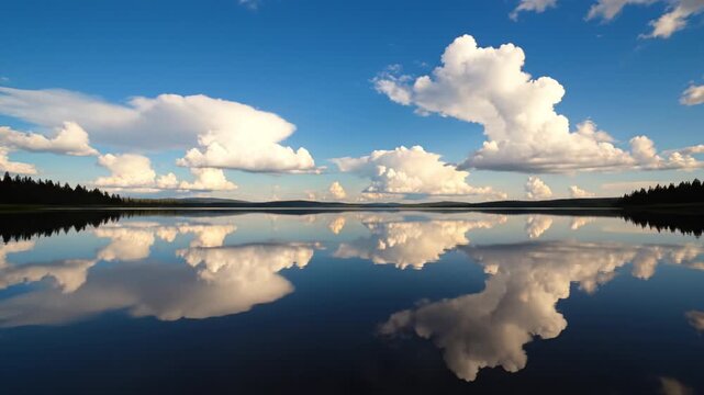 Cloud reflection lake calm water blue sky cumulus cloud horizon forest peaceful landscape reflection symmetry. calm lake with mirror reflection of dramatic cumulus cloud and blue sky, distant