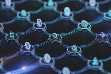 Blockchain Network Visualization: A close-up view of an intricate, futuristic blockchain network, the interconnected nodes pulsating with a subtle, ethereal glow. 