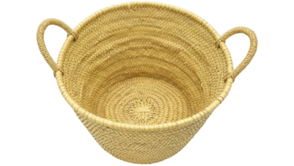 Isolated beige woven basket with handles for carrying or storing items in a home interior