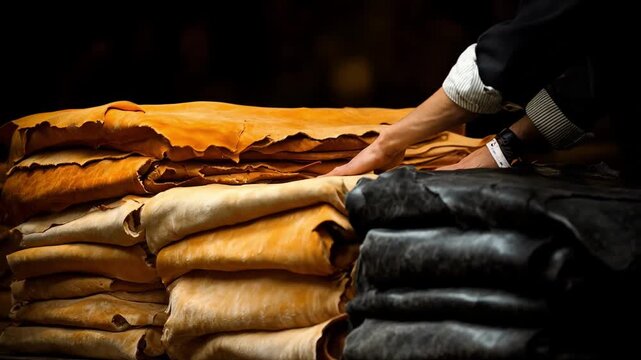 Medium shot of skilled worker inspecting tanned leather sheets treated with various plantbased tannins reflecting heritage vegetable tanning craftsmanship.
