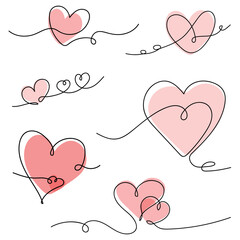 A heart drawing done with continuous lines. A collection of minimalist hearts.