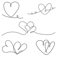 A heart drawn with continuous lines. A collection of minimalist black and white hearts. Love concept.
