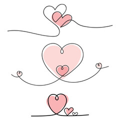 Set of hearts. Heart drawn with continuous lines. Concept of love in a minimalist style.