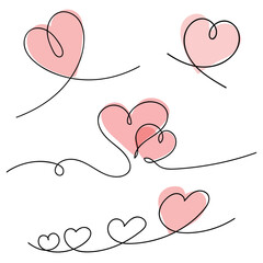 A heart drawn with continuous lines. A set of minimalist hearts. A love concept in doodle style.