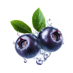 Fresh huckleberry with green leaves, captured with dynamic water splashes to emphasize natural freshness, juiciness, and vitality. 