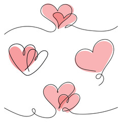 A heart drawn with continuous lines. A collection of minimalist hearts. A love concept in doodle style.