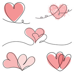 A heart drawn with continuous lines. A collection of minimalist hearts. Love concept.