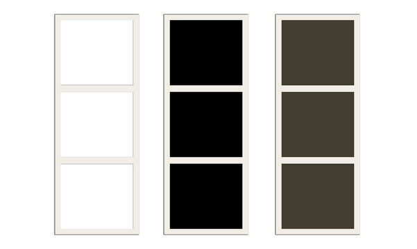 Professional film strip layout with three frames featuring transparent black and olive green placeholders for cinematic video production and photography design