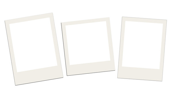Three scattered vintage polaroid style photo frames arranged in row on transparent background for nostalgic scrapbook collage and creative picture display design