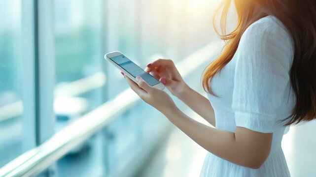 selective focus woman courier confirming delivery via mobile app concept