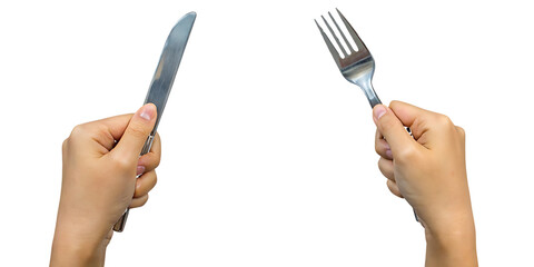 Hands holding knife and fork on white background isolated on a transparent background utensils eating 1