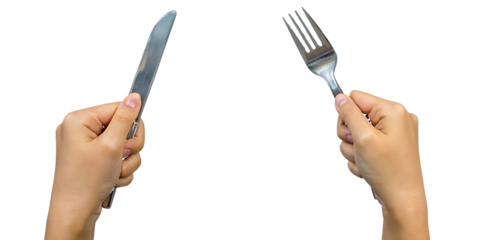 Hands holding knife and fork on white background isolated on a transparent background utensils eating 1