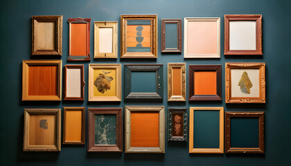 A scene of many wooden frames lined up on a wall