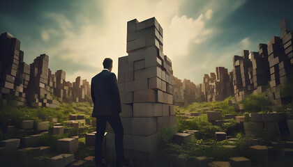 Rear view of a man in a suit stacking blocks and looking at them
