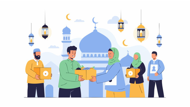 Ramadan charity illustration with mosque background, crescent moon, lanterns, and community giving
