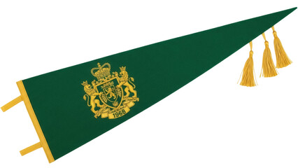 Isolated decorative pennant banner with tassels, crest design, year 1968, dark green flag