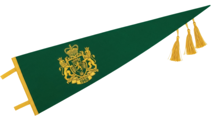 Isolated decorative pennant banner with tassels, crest design, year 1968, dark green flag
