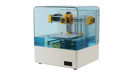 Isolated 3D printer in a glass box, a technological marvel with a transparent enclosure.
