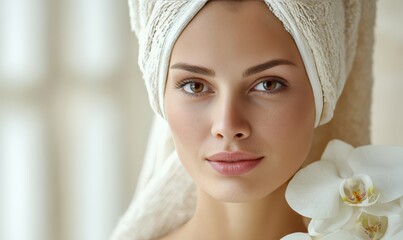 A woman with a towel wrapped around her head and a white flower in her hand