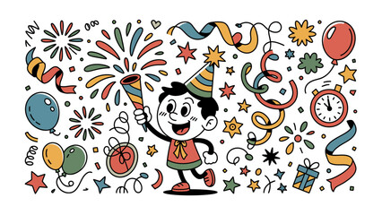 Fototapeta premium Celebration: Vibrant illustration showcasing a joyful child surrounded by party elements, radiating excitement. 