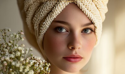 A woman wearing a white scarf and holding a bouquet of flowers