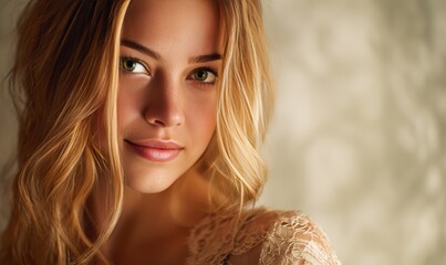 A woman with long blonde hair and a greenish tint to her eyes