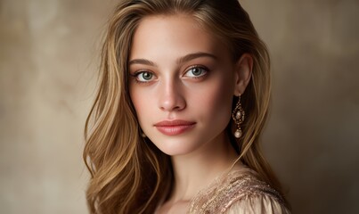 A woman with long blonde hair and gold earrings