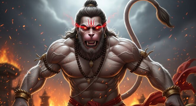 the fierce fury of lord hanuman: muscular Bajrangbali with glowing red eyes, prominent tilak, and a powerful physique amidst a backdrop of fire and flying embers.