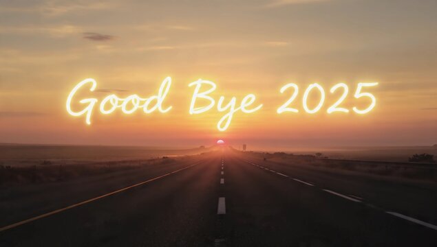 Cinematic Sunset Landscape with Glowing Neon "Good Bye 2025" Text - Powered by Adobe