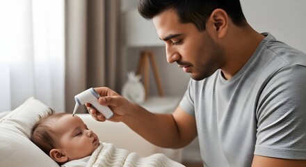 Father gently checking his baby's temperature at home, demonstrating parental care and health monitoring concept for infant wellness.