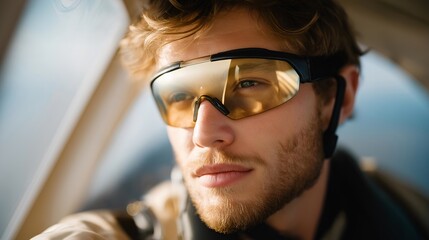 Detail of a pilot’s face inside reflective goggles, sky and canopy mirrored across the lens as the wind rushes past — immersive aerial perspective and emotional flight experience. cinematic color