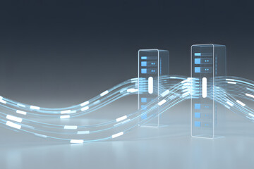 Network Connectivity in Cyberspace: A sleek and modern visualization of network servers connected via luminous data streams, representing the essence of digital communication and information exchange.