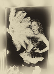 black and white color photo Beauty blonde hair retro lady looking into mirror hand holding fan natural ostrich feathers. sexy woman burlesque show actress. Flapper girl 20s roaring twenties old style