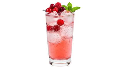 Isolated refreshing summer berry cocktail drink in glass filled with ice and garnish