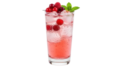 Isolated refreshing summer berry cocktail drink in glass filled with ice and garnish