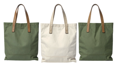 Three canvas tote bags with leather handles, centered, different colors