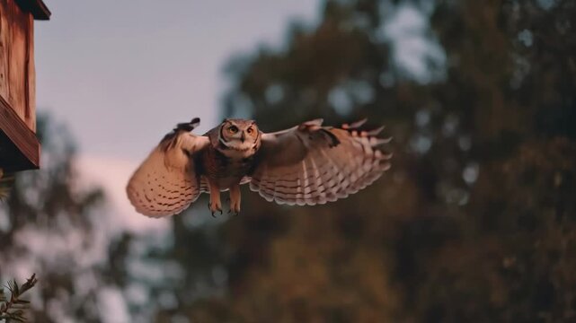 Focused medium shot of an owl gliding into its nesting box at dusk highlighting sustainable insect control through aviary installation.