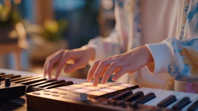 A close-up of a pianist&rsquo;s fingers tapping a compact MIDI controller, velocity-sensitive pads glowing in rhythmic patterns that mirror the creative energy of beat-making. cinematic color correction,