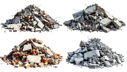 Four isolated piles of demolished construction materials against a black backdrop