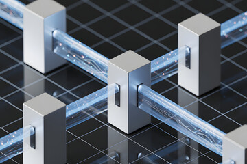 Blockchain Connections: Futuristic digital visualization of blockchain with interconnected cubes and glowing data streams, evoking the essence of security and advanced technology.