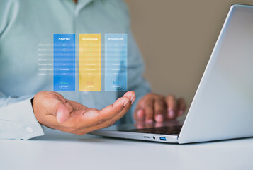 SaaS pricing plan, subscription model, digital comparison table, user consideration, product evaluation, package feature matrix, plan options monthly cost, SaaS Plan Comparison, Customer Consideration © LAONG