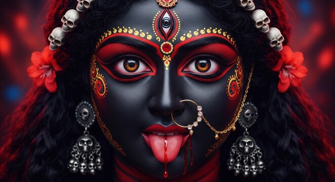 The fierce transcendence of Shyama Kali: A cinematic close-up of the dark Mahakali with blood-dripping tongue, sacred third eye, and ornamentation of skulls