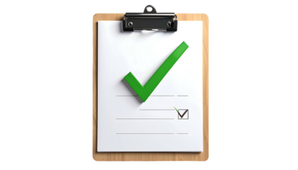 A wooden clipboard holds a white paper, displaying a prominent green checkmark