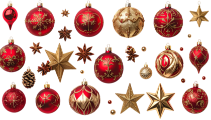 Festive ornaments and stars in various shapes and designs, set against a black backdrop